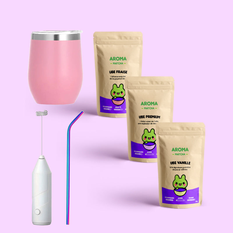 Coffret découverte Ube complet contenant une tasse isotherme Rose, un mousseur à lait, une paille inox et trois sachets de poudre d’Ube 100 % naturelle (saveurs premium, vanille et fraise).