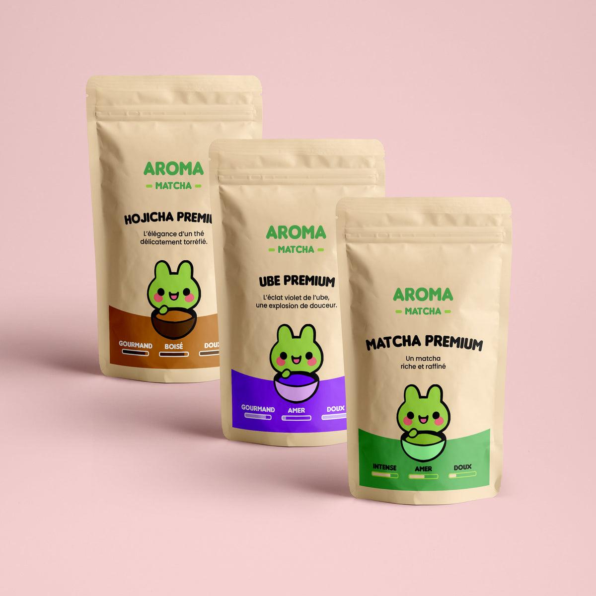 Coffret découverte Aroma Matcha avec matcha premium, poudre d’ube violet et hojicha torréfié pour lattes gourmands et boissons healthy