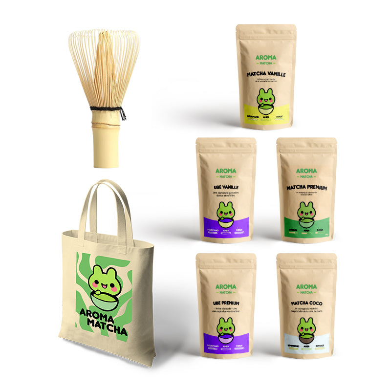 Coffret de Noël comprenant un fouet en bambou traditionnel et cinq sachets individuels de matcha premium aux parfums vanille, coco, ube et vanille premium. Un cadeau raffiné, idéal pour les amateurs de matcha souhaitant découvrir des saveurs uniques dans un élégant ensemble festif.