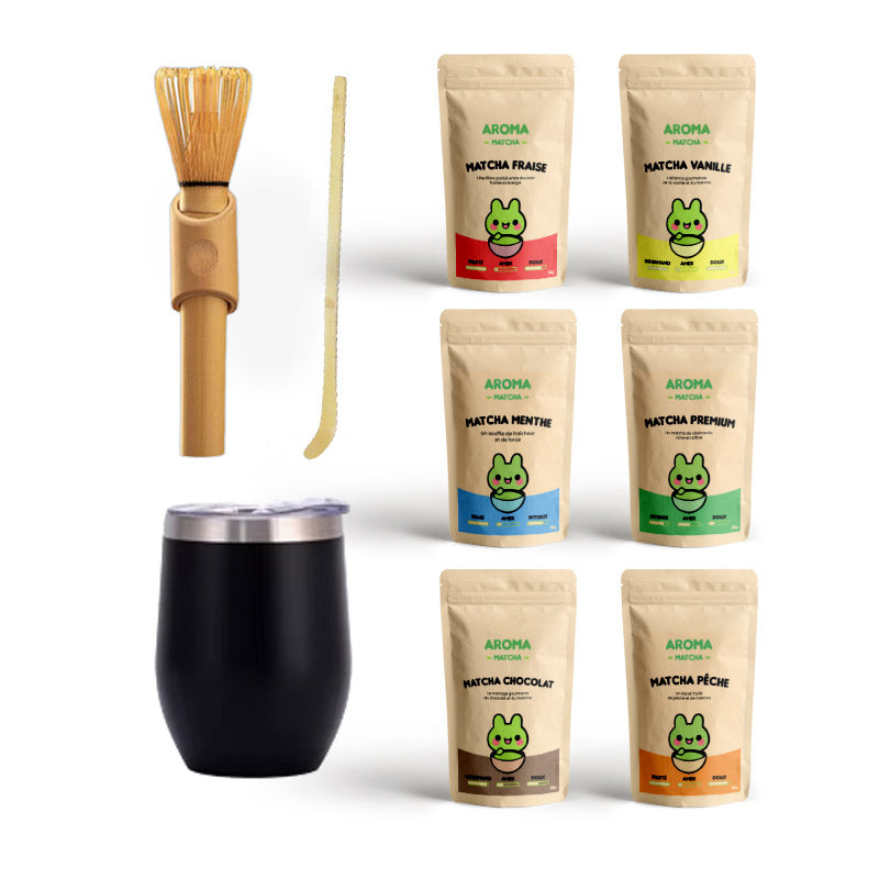 Coffret premium - 1 fouet Long + 1 cuillère bambou chashaku + 6 sachet matcha premium vanille fraise menthe peche chocolat Aroma matcha