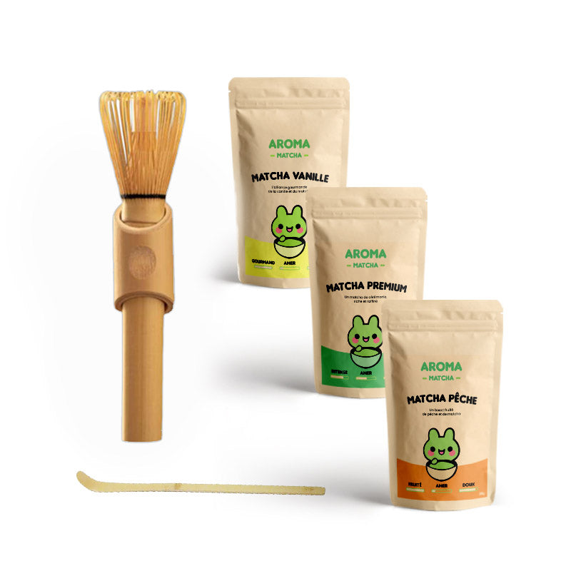 Pack saveurs-matcha premium _ cuillere bambou chashaku matcha _ vanille menthe chocolat peche fraise _ fouet long chasen bambou