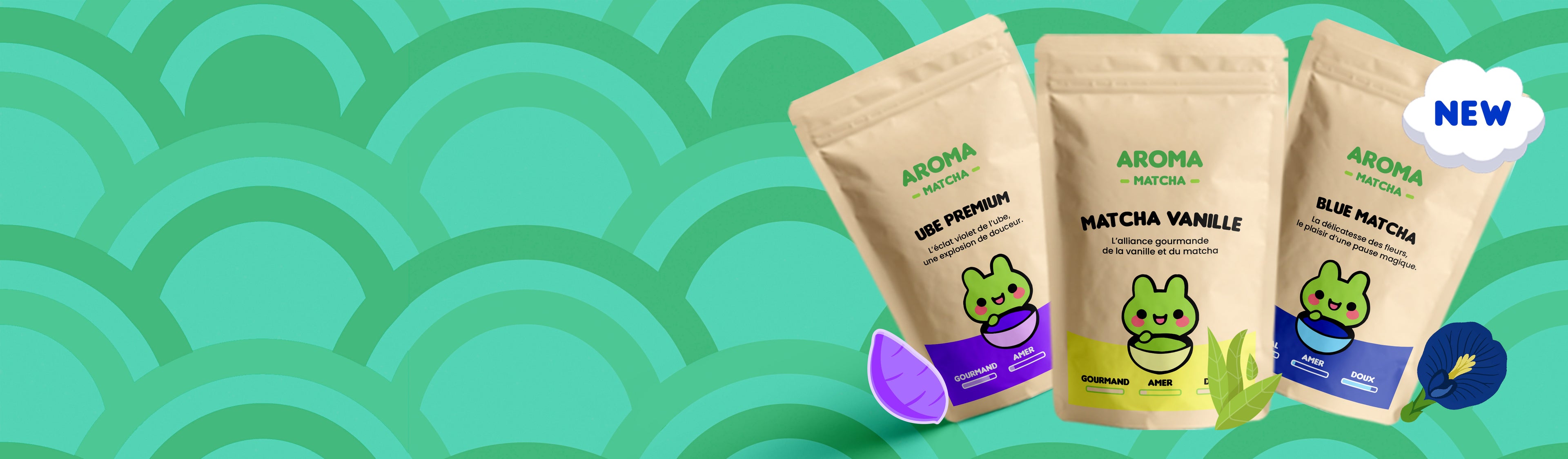 Trio de matcha premium Aroma Matcha – saveurs vanille, ube et blue matcha, bannière produit haut de gamme