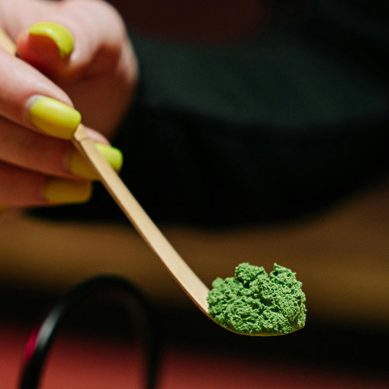 main cueillere bambou avec Poudre Matcha chocolat Aroma matcha -green tea macha matchae