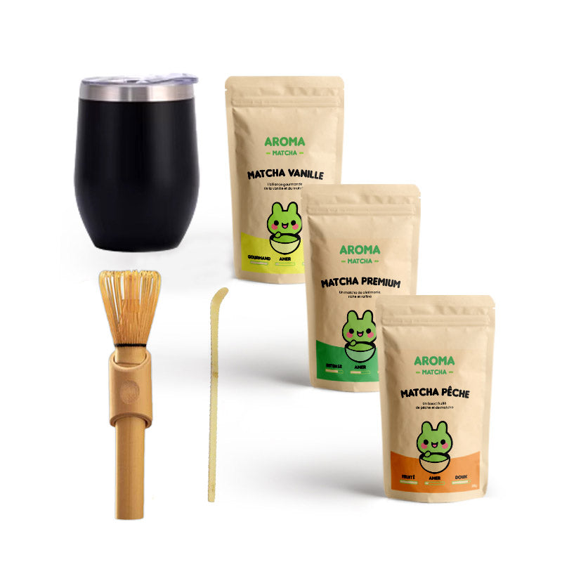 Pack essentiels - 1 fouet long + 1 cuillère matcha chashaku bambou + 3 sachet matcha premium vanille fraise menthe peche chocolat - aroma matcha