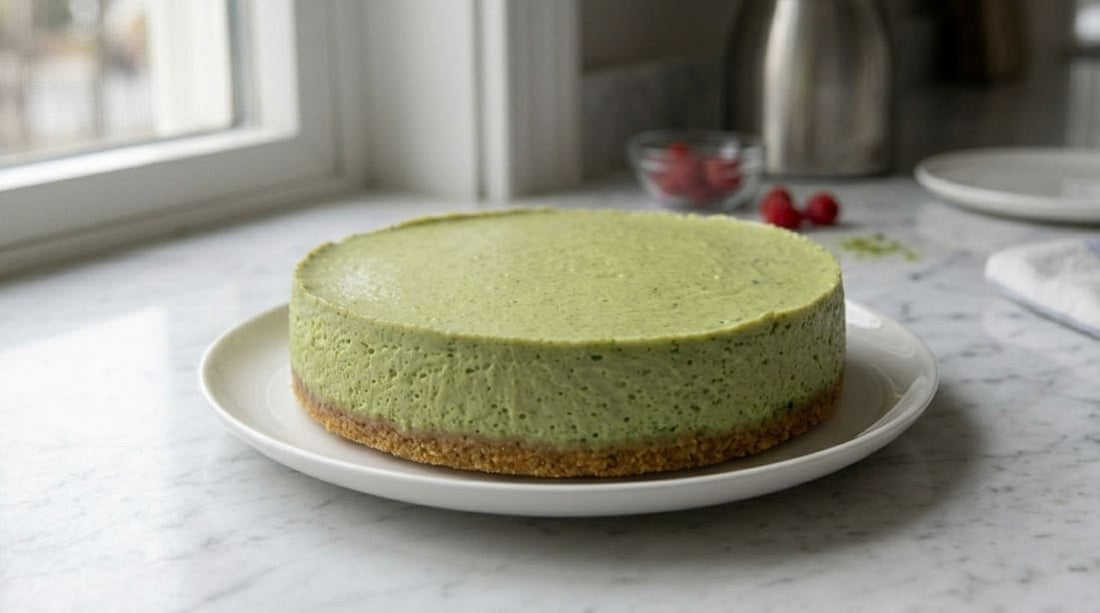 Cheesecake au matcha sans cuisson entier vert jade sur assiette blanche posé sur marbre, avec framboises fraîches et poudre de matcha visibles en arrière-plan flou, lumière naturelle de fenêtre