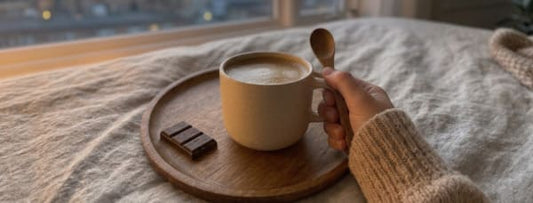 Main en pull beige tenant une tasse blanche de hojicha latte chaud sur plateau en bois, avec un carré de chocolat noir posé à côté, lumière dorée de fenêtre en soirée sur lin beige