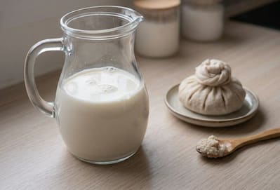 Carafe en verre remplie de lait végétal maison blanc posée à côté d'un sac à lait noué contenant l'okara sur une assiette beige et d'une cuillère en bois avec le résidu de filtration