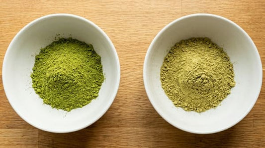 Comparaison de deux bols blancs de poudre de matcha : à gauche un matcha frais vert jade éclatant, à droite un matcha oxydé vert kaki terne - test visuel de fraîcheur