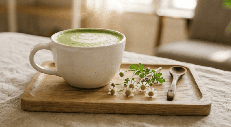 Grande tasse en céramique blanche de matcha latte avec latte art posée sur un plateau en bois, entourée de fleurs de camomille et d'une cuillère en bois, lumière dorée naturelle