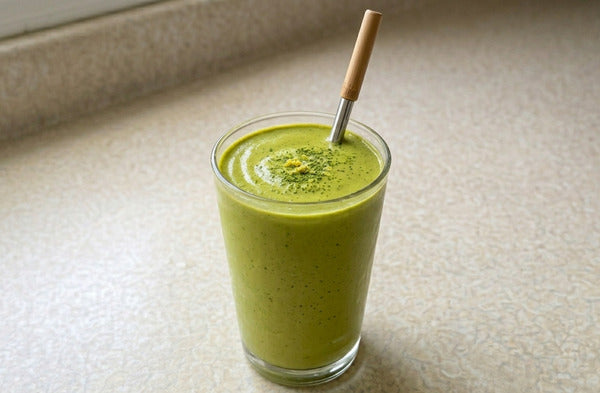 Grand verre de smoothie matcha banane crémeux de couleur vert pâle avec une paille en inox et bambou, posé sur un plan de travail en lumière naturelle
