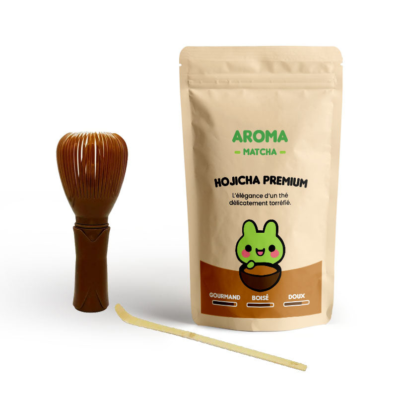 Pack hojicha 30g avec fouet résine premium pour préparer un hojicha latte maison