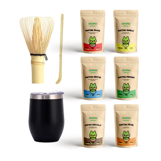 Coffret premium - 1 fouet + 1 cuillère bambou chashaku + 6 sachet matcha premium vanille fraise menthe peche chocolat Aroma matcha