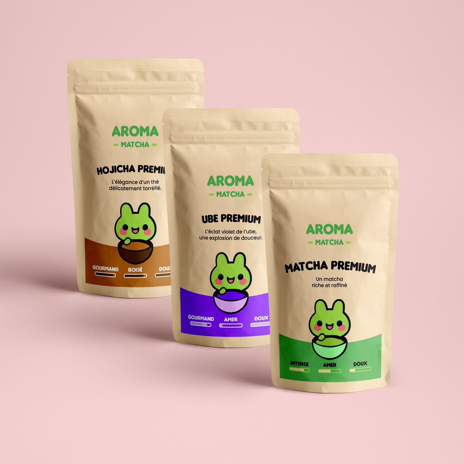 Coffret découverte Aroma Matcha avec matcha premium, poudre d’ube violet et hojicha torréfié pour lattes gourmands et boissons healthy
