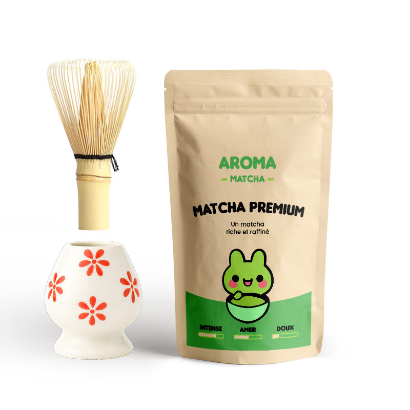 aroma matcha coffret noel black friday matcha premium cérémonie du thé vert chasen fouet bambou support