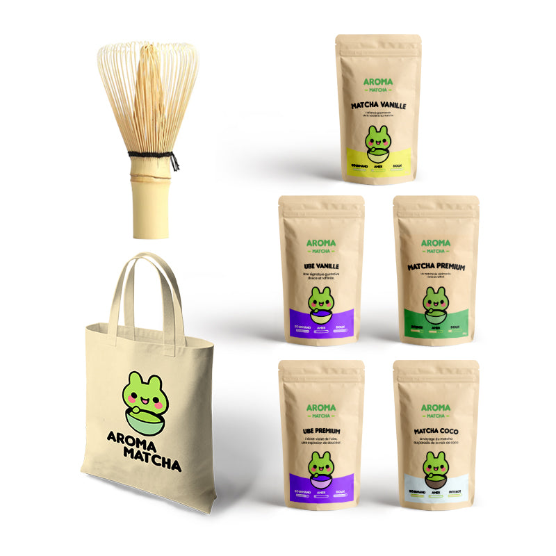 Coffret de Noël comprenant un fouet en bambou traditionnel et cinq sachets individuels de matcha premium aux parfums vanille, coco, ube et vanille premium. Un cadeau raffiné, idéal pour les amateurs de matcha souhaitant découvrir des saveurs uniques dans un élégant ensemble festif. bambou
