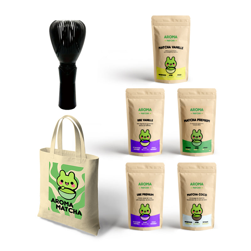 Coffret de Noël comprenant un fouet en bambou traditionnel et cinq sachets individuels de matcha premium aux parfums vanille, coco, ube et vanille premium. Un cadeau raffiné, idéal pour les amateurs de matcha souhaitant découvrir des saveurs uniques dans un élégant ensemble festif. premium résine
