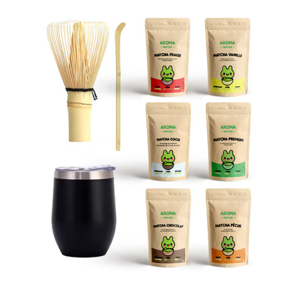 Coffret premium matcha - 1 fouet + 1 cuillère bambou chashaku + 6 sachet matcha premium vanille fraise coco peche chocolat Aroma matcha