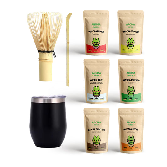 Coffret premium matcha - 1 fouet + 1 cuillère bambou chashaku + 6 sachet matcha premium vanille fraise coco peche chocolat Aroma matcha
