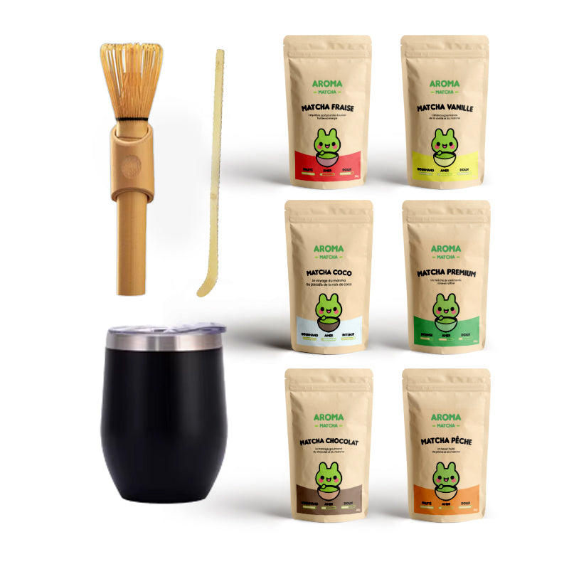 Coffret premium - 1 fouet Long + 1 cuillère bambou chashaku + 6 sachet matcha premium vanille fraise menthe peche chocolat Aroma matcha