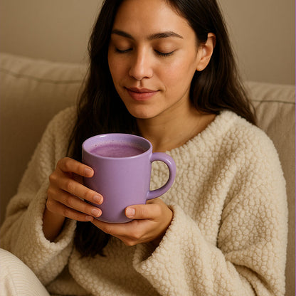 Femme dégustant un Verre d’Ube Coco Aroma Matcha – latte crémeux à base de poudre d'igname violet et vanille naturelle, boisson gourmande et colorée, sans additifs