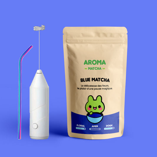 Pack Initiation Blue Matcha avec mousseur à lait, paille inox et sachet de poudre naturelle Clitoria Ternatea !