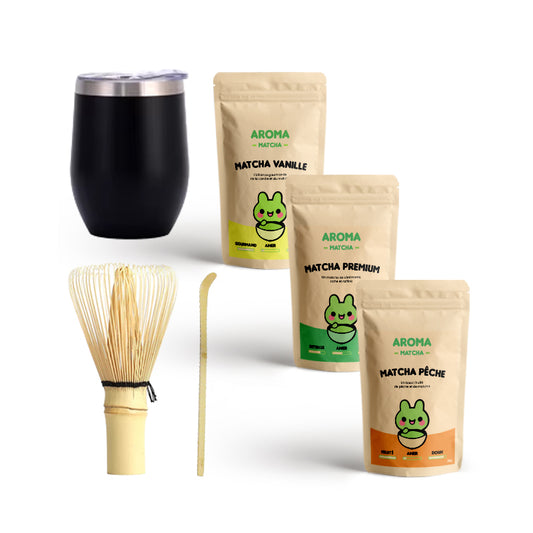 Pack essentiels - 1 fouet + 1 cuillère matcha chashaku bambou + 3 sachet matcha premium vanille fraise menthe peche chocolat - aroma matcha