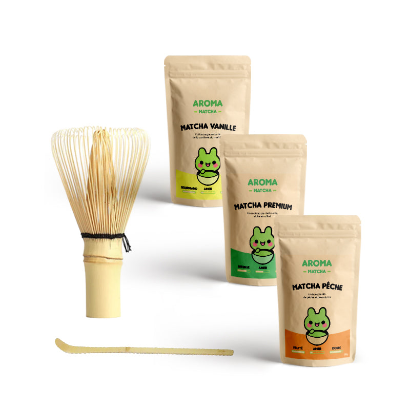 Pack saveurs-matcha premium _ cuillere bambou chashaku matcha _ vanille menthe chocolat peche fraise _ fouet chasen bambou