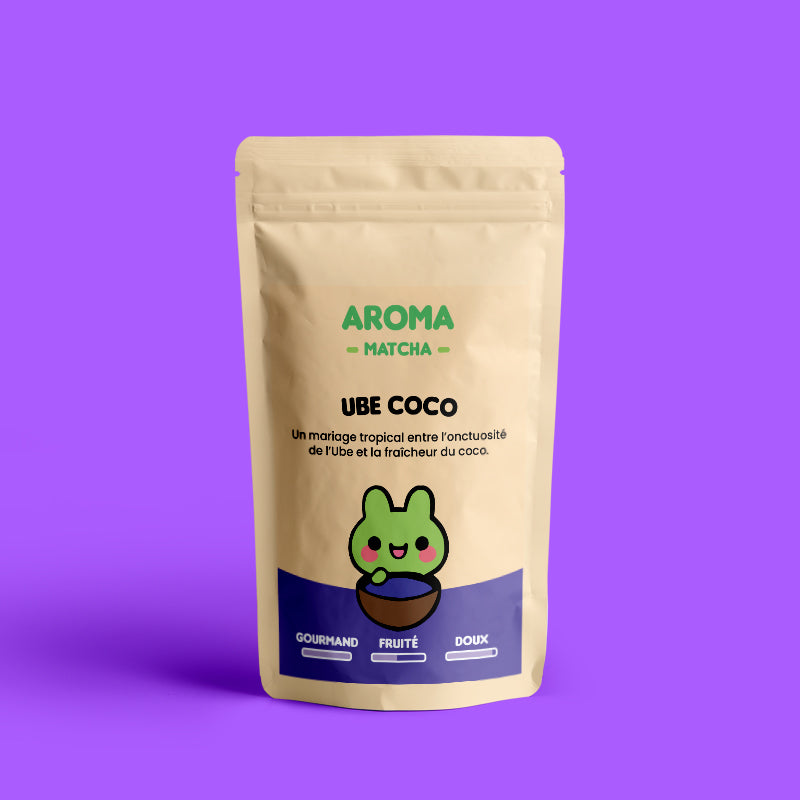 Sachet de UBE Coco Aroma Matcha, boisson violette à base d’igname violet et de noix de coco