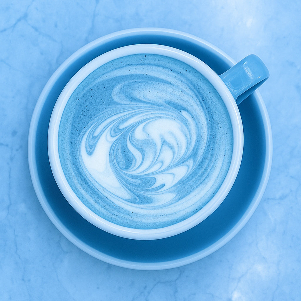 Blue matcha latte en mode cocooning dans une tasse bleue vue de dessus, boisson chaude réconfortante avec mousse crémeuse et design latte art