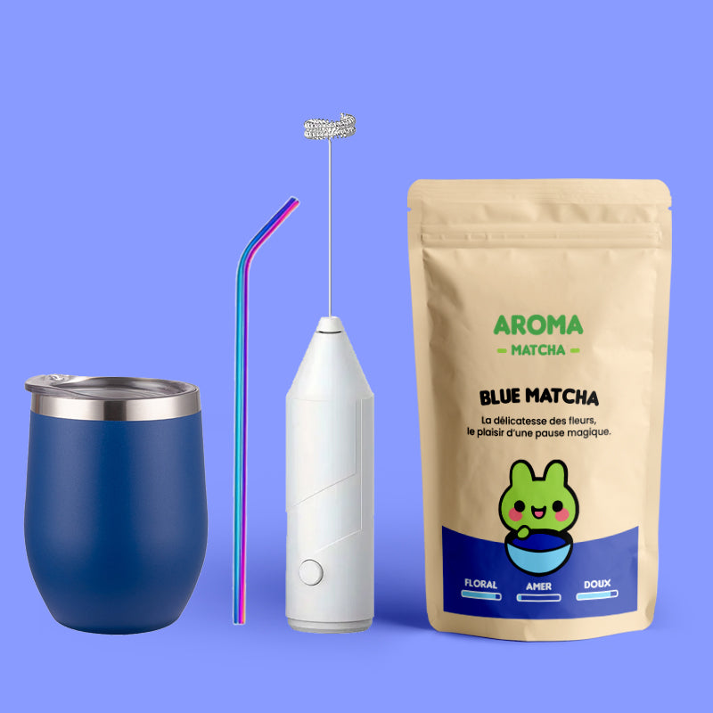 Coffret complet Blue Matcha avec mousseur à lait et paille inox réutilisable Aroma Matcha