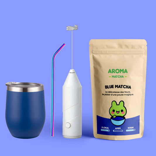 Coffret complet Blue Matcha avec mousseur à lait et paille inox réutilisable Aroma Matcha