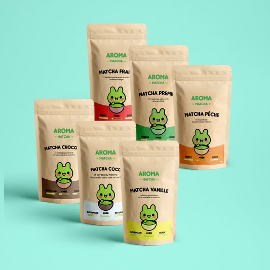 Coffret Matcha Premium complet avec 6 saveurs de matcha Aroma Matcha - Vanille Coco pêche fraise premium chocolat