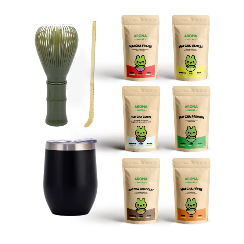 Coffret Matcha Premium avec fouet en résine vert foncé, cuillère chashaku en bambou et 6 sachets de matcha Vanille, Fraise, Coco, Pêche et Chocolat