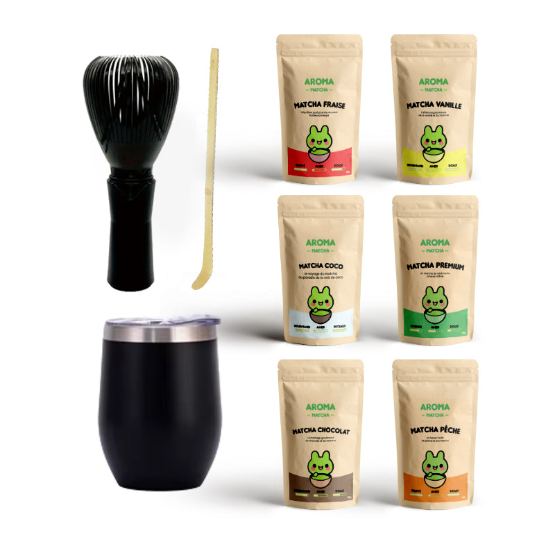 Coffret Matcha Premium avec fouet en résine, cuillère chashaku en bambou et 6 sachets de matcha Vanille, Fraise, Coco, Pêche et Chocolat