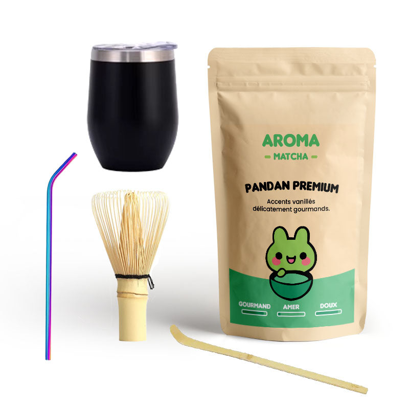 Pack complet poudre de pandan Aroma Matcha avec fouet bambou, paille et cuillère