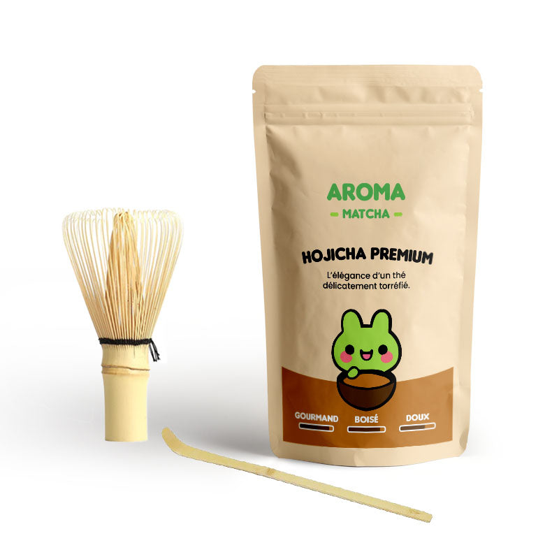 Pack hojicha 30g avec fouet bambou pour préparer un hojicha latte maison